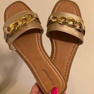 Shimmering gold chain accent sandals.  Pierre Dumas, size 9